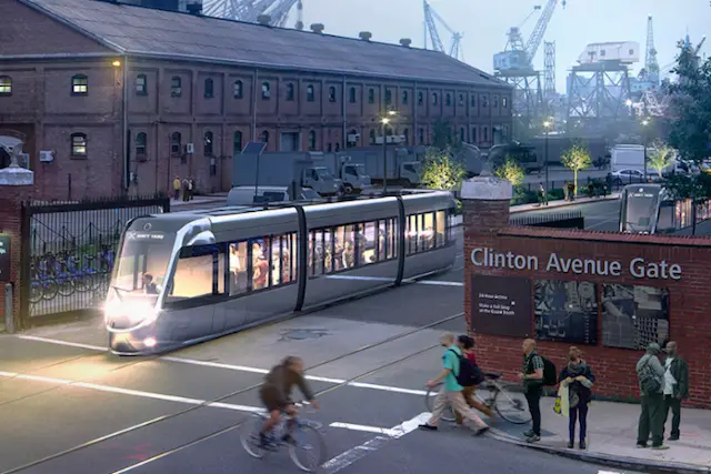 A rendering of the streetcar passing through the Brooklyn Navy Yard